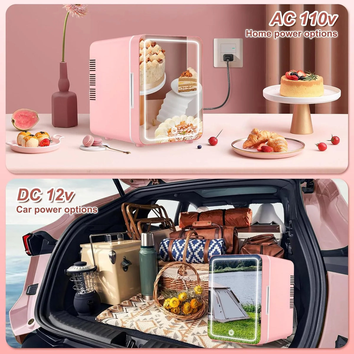 Mini Fridge for Bedroom, Skincare Fridge With Dimmable LED Light Mirror,4L Makeup Mini Fridge,Cooler & Warmer,Compact Small Refrigerator,for Bedroom, Car,For Cosmetics, Skincare And Food,Pink