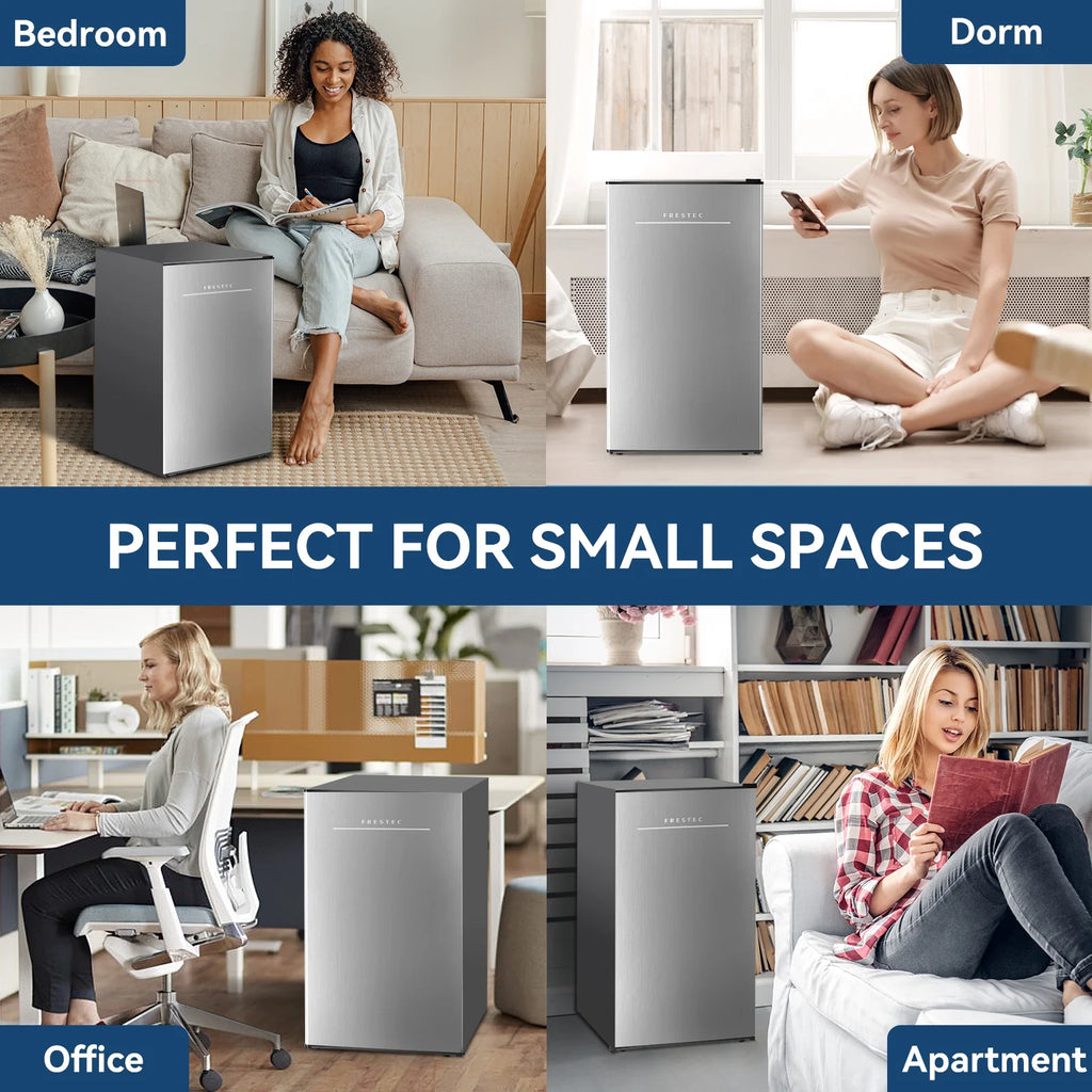 Frestec 3.2 Cu ft One Door Mini Fridge, Estar, Stainless Steel Look, New