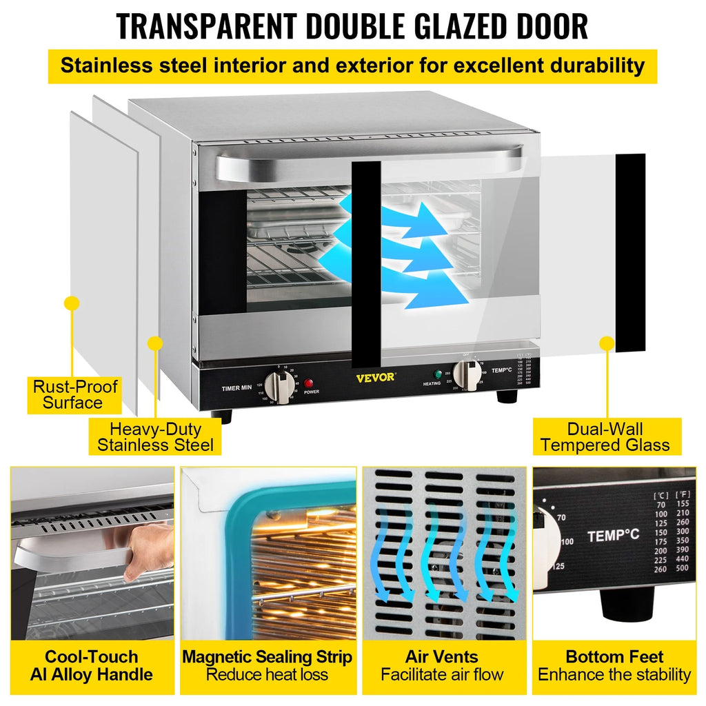 VEVOR Commercial Convection Oven,21L/19Qt,Quarter-Size Conventional Oven Countertop,1440W 3-Tier Toaster with Front Glass Door,Electric Baking Oven with Trays Wire Racks Clip Gloves