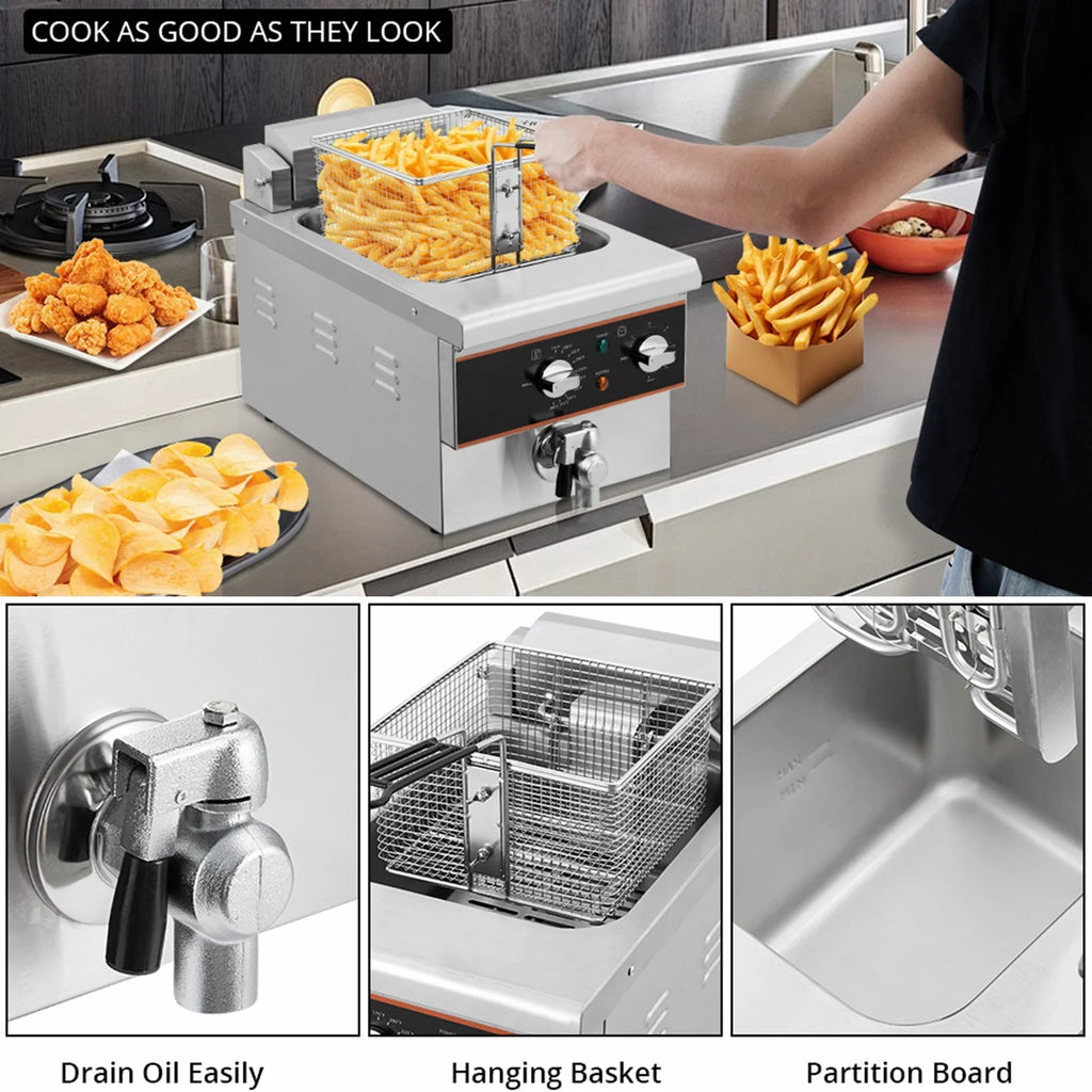 Aoile 6.3 Qt Commercial Electric Deep Fryer with Basket, Timer & Drain, Countertop Oil Fryer in Stainless Steel