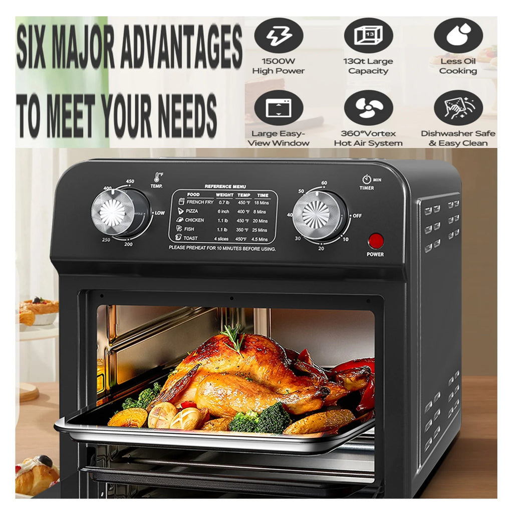 12.5 Quart 7-in-1 Convection Toaster Oven, 1500W, 5 Pre-set Menus, Roast, Bake, Grill, Broil, Toast, Dehydrate, Defrost, Stainless Steel, Black