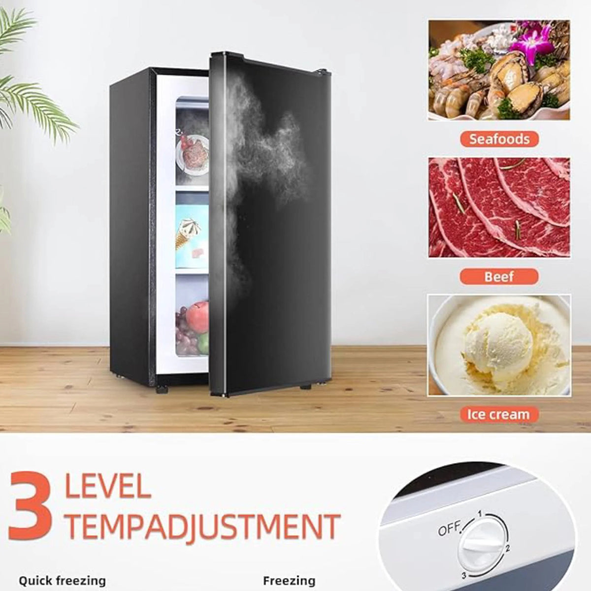 3.2 Cu.FtUpright Freezer , Single Door Mini Freezer ,Adjustable Thermostat, Compact Refrigerator for Bedroom, Dorm, Silvery