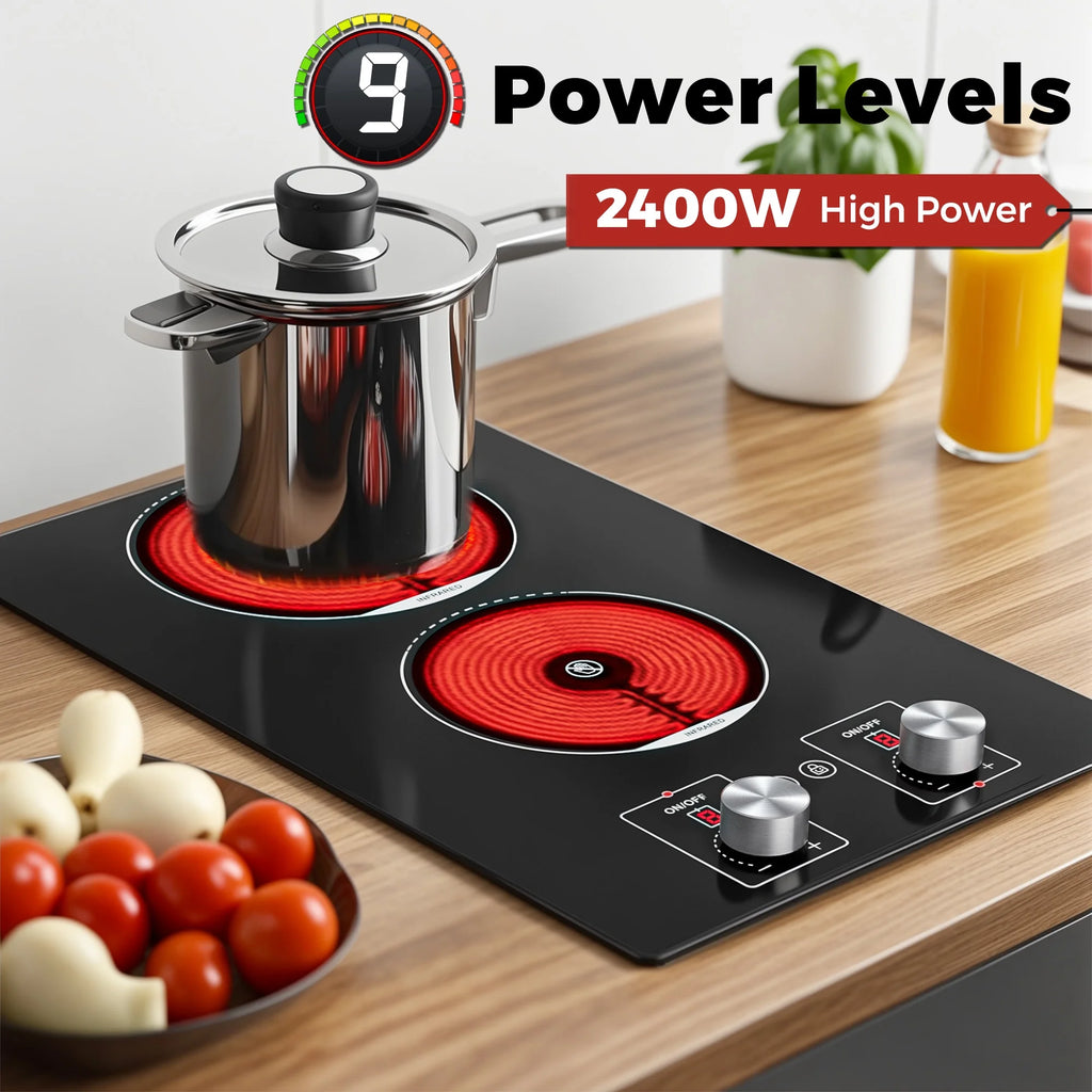Advwin 2 Burner Electric Cooktop,110v Electric Cooktop with Knob Control,12 Inch Countertop & Built-in Ceramic Cooktop with Child Safety Lock, Timer, 9 Power Levels and Over-Temperature Protection