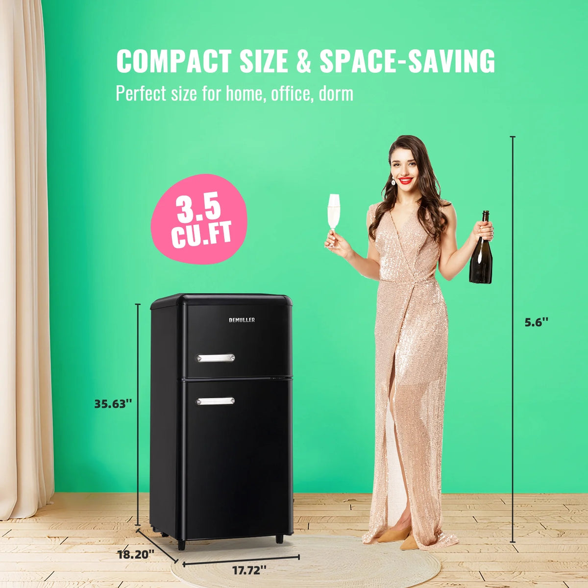 DEMULLER 3.5 Cu. ft Mini Fridge Double Door  Refrigerator  7 Adjustable Temperature Control Black