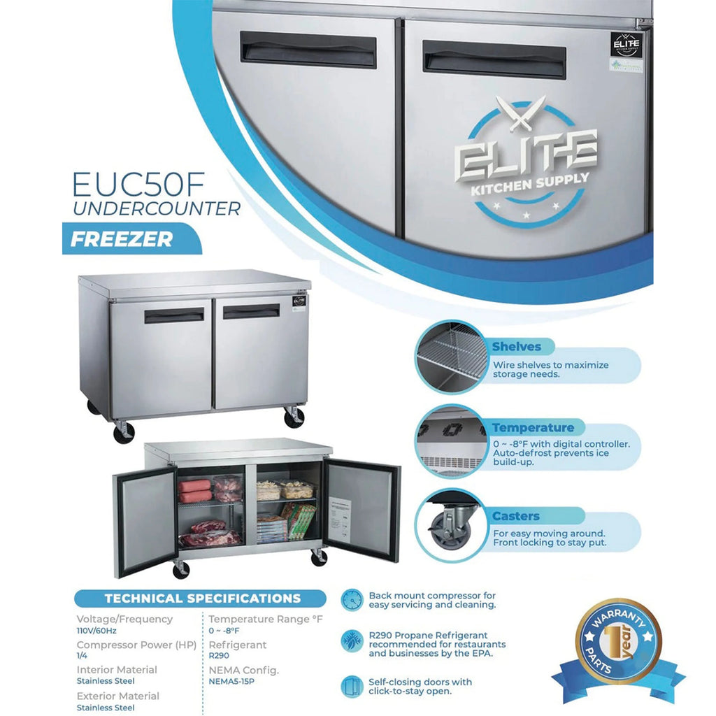 NSF 48 in. 2-Door Undercounter Freezer 13 Cu. Ft. Worktop Commercial Freezer in Stainless Steel ETL