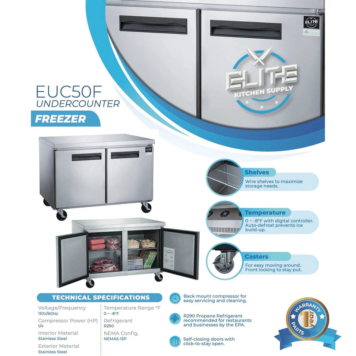 NSF 48 in. 2-Door Undercounter Freezer 13 Cu. Ft. Worktop Commercial Freezer in Stainless Steel ETL
