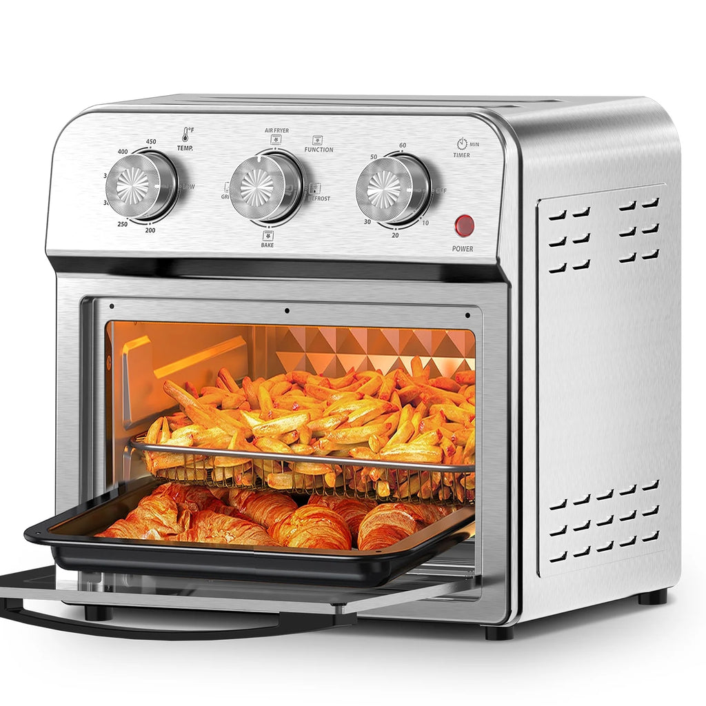 Plum Chef 13QT Air Fryer Toaster Oven Combo, 7-in-1 Multifunctional Countertop Oven with 360�� Hot Air Circulation for Healthy Oil-Free Cooking, Family Size, Stainless Steel, Silver