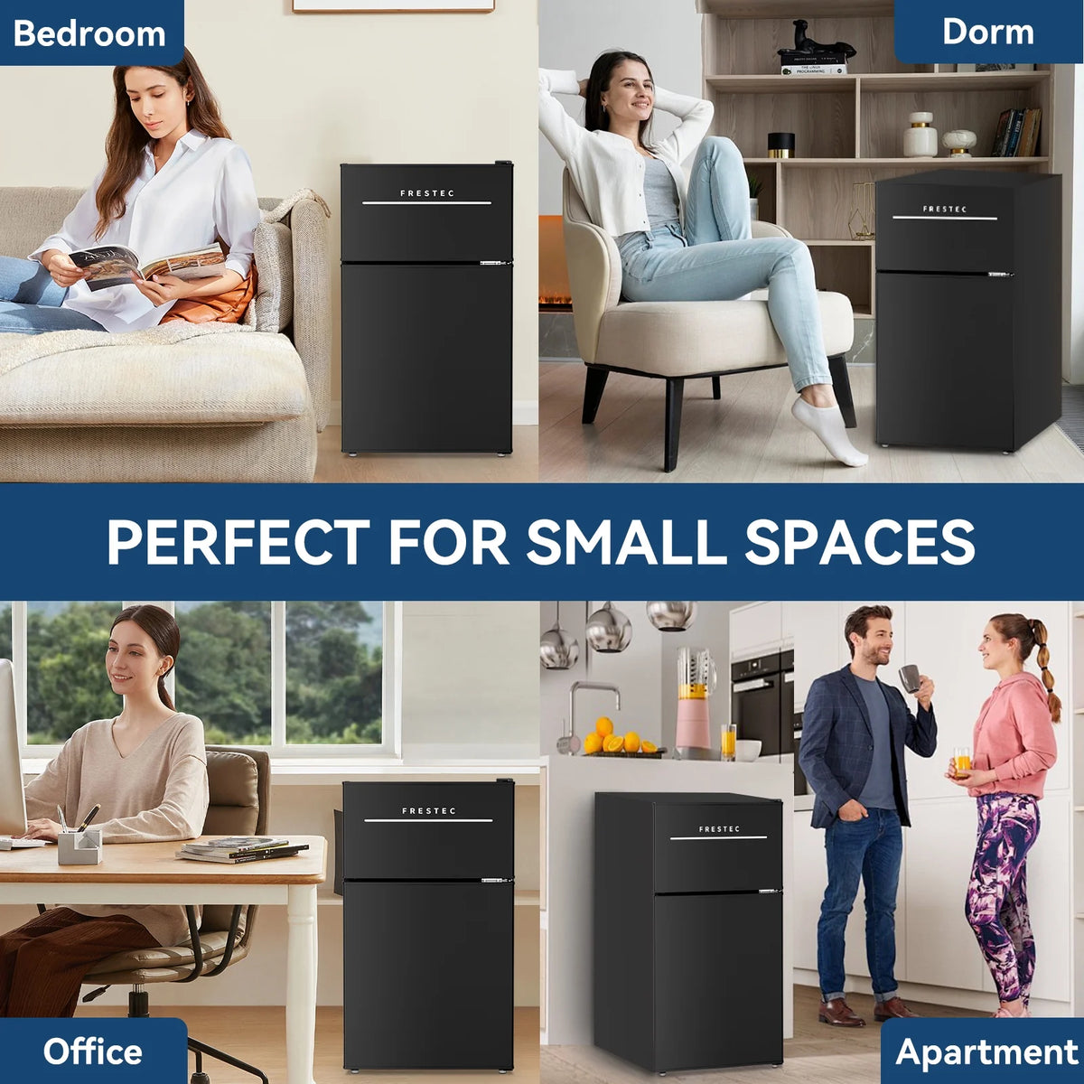 Frestec 3.2 Cu.Ft Compact Refrigerator, 2 Door, Black, Energy-Saving, Quiet, Mini Fridge
