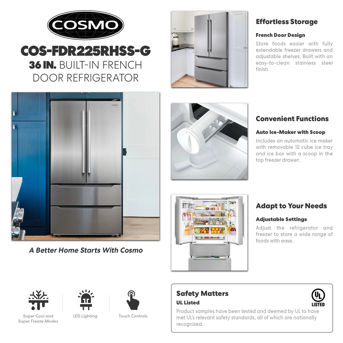 Cosmo 22.5 cu. ft. 4-Door Counter-Depth French Door Stainless Steel Refrigerator