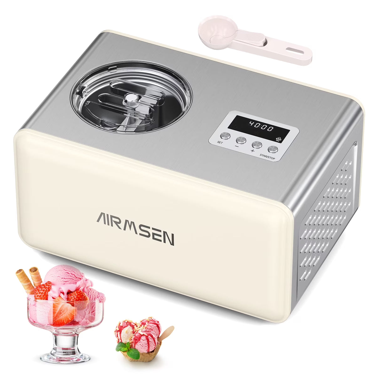 AIRMSEN 2.1 Qt Ice Cream Maker, No Pre-Freezing Electric Ice Cream Machine with Compressor and LCD Timer for Gelato, Frozen Yogurt, Sorbet, White