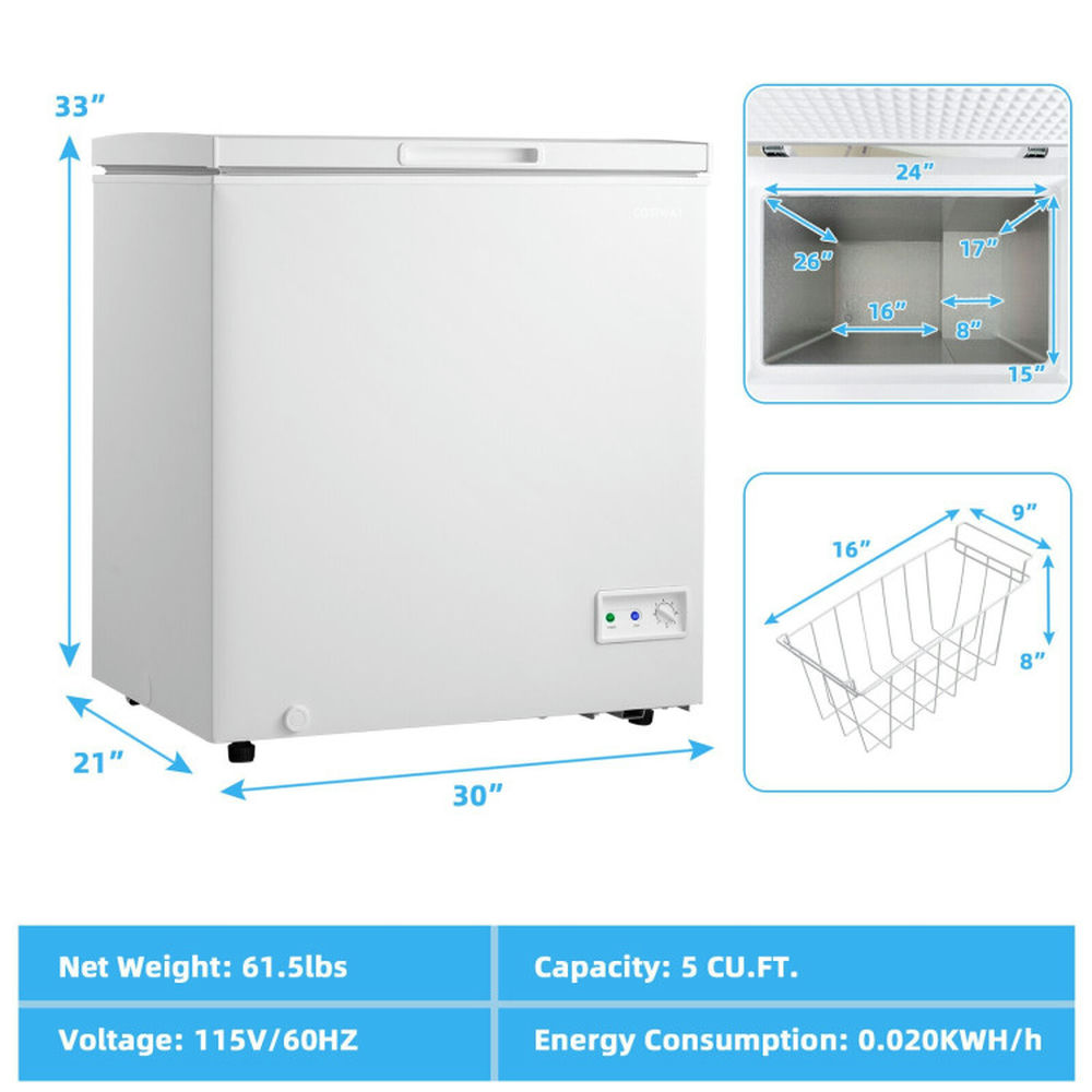 Kadyn Refrigerator,Kitchen Cooler Fridge,3.5/5 Cu.ft Compact Chest Freezer with Removable Storage Basket-5 Cubic Feet