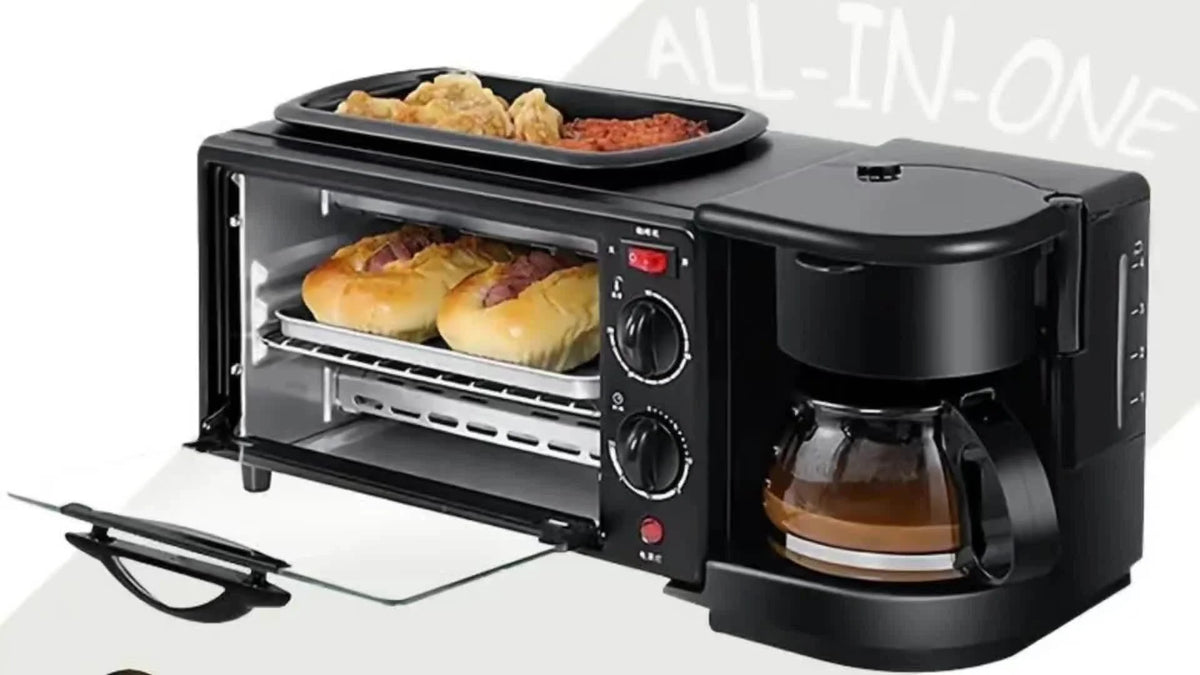 Nostalgia 3-in-1 Breakfast Station - Includes Coffee Maker, Toaster Oven, Oven, Non-Stick Fry Pan And 4-Slice Toaster - Multi-Function Breakfast Maker with Timer