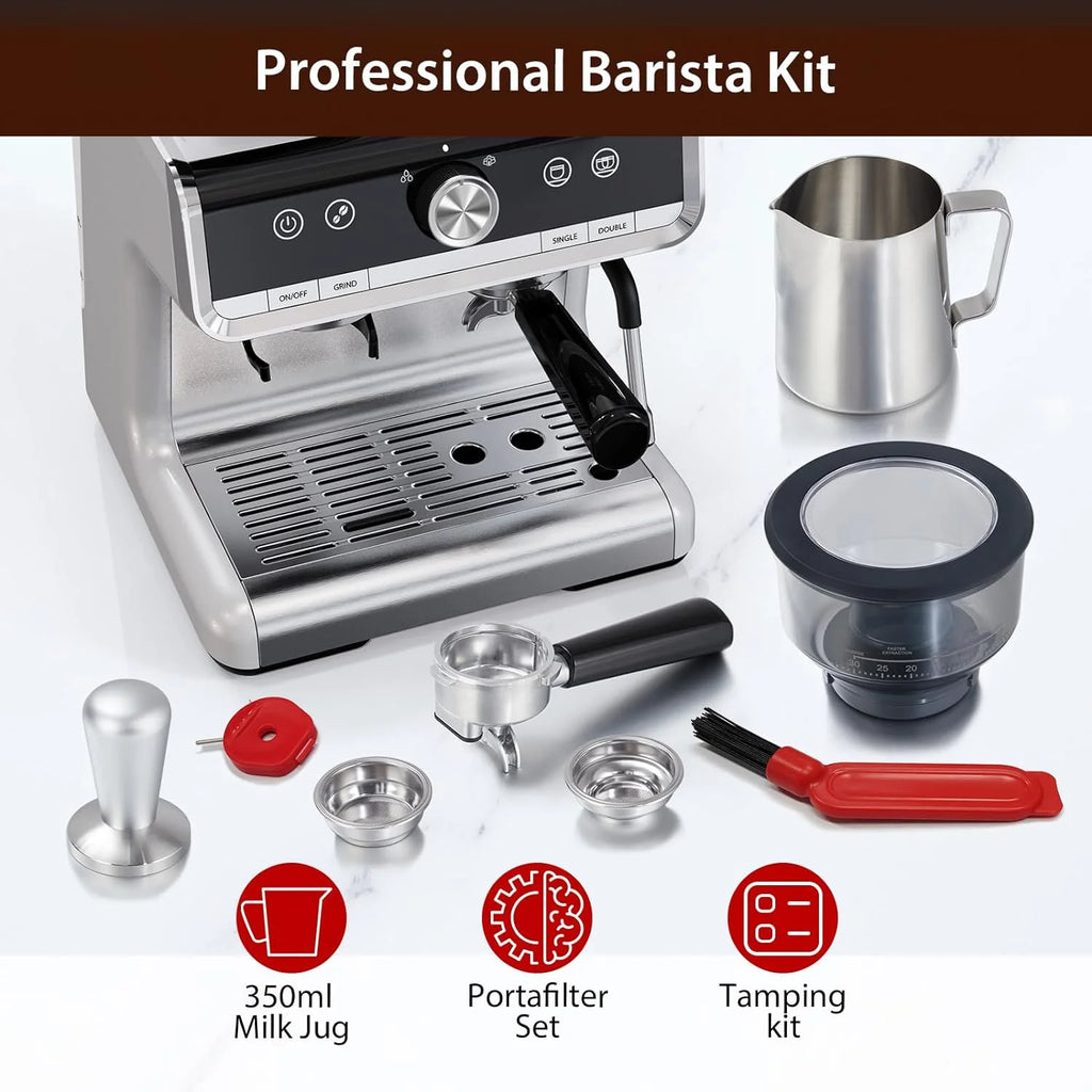 COZONY Espresso Machine 15 Bar, 2.5 L Water Tank, Semi Automatic Coffee Maker with Grinder, Milk Frother/Steam Wand, Italian Pump, All-in-One Espresso Machine, Stainless Steel, Silver