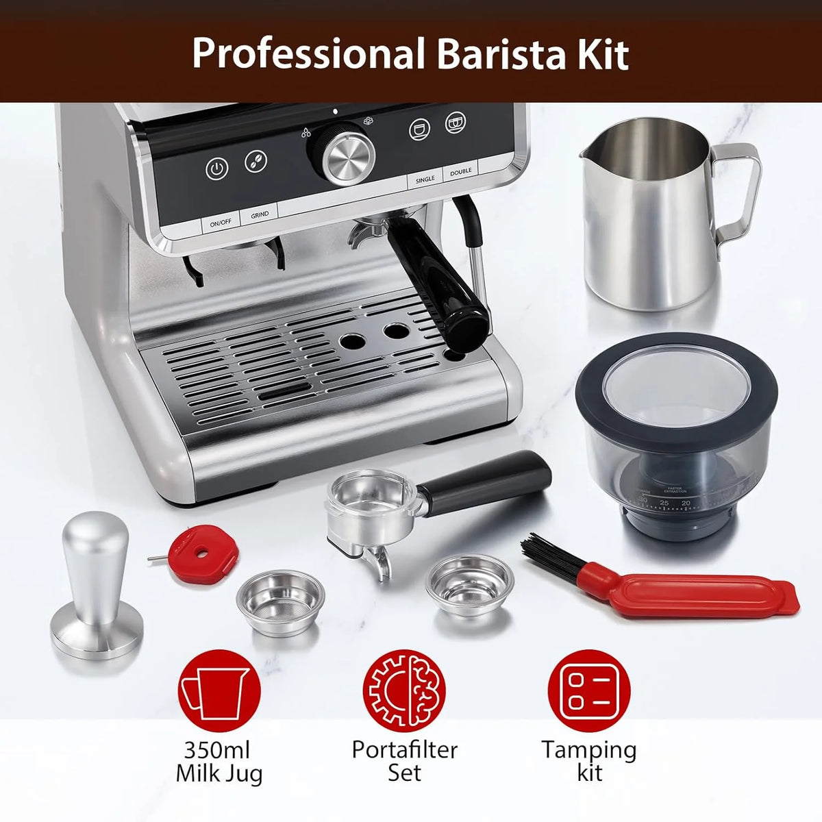COZONY Espresso Machine 15 Bar, 2.5 L Water Tank, Semi Automatic Coffee Maker with Grinder, Milk Frother/Steam Wand, Italian Pump, All-in-One Espresso Machine, Stainless Steel, Silver