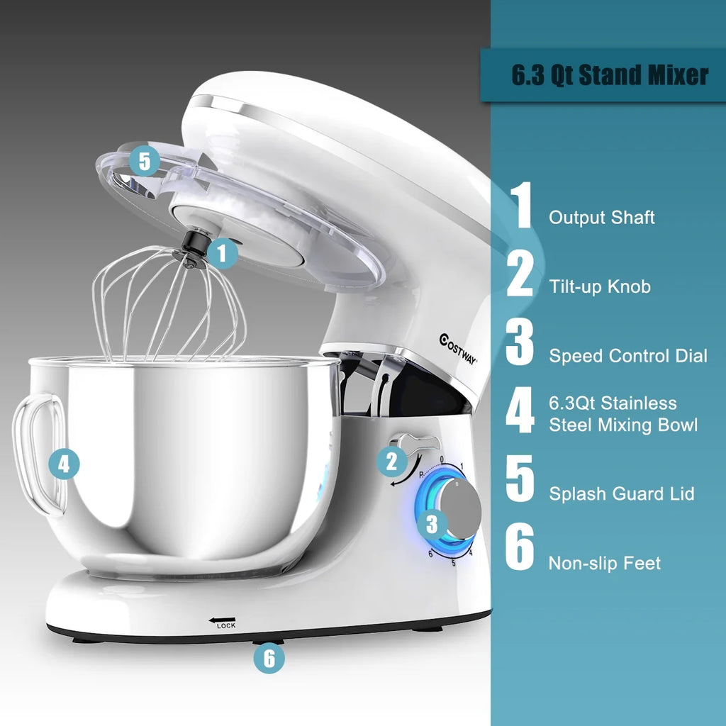 Costway 6.3 QT Tilt-Head Food Stand Mixer 6 Speed 660W wIth Dough Hook, Whisk & Beater Black