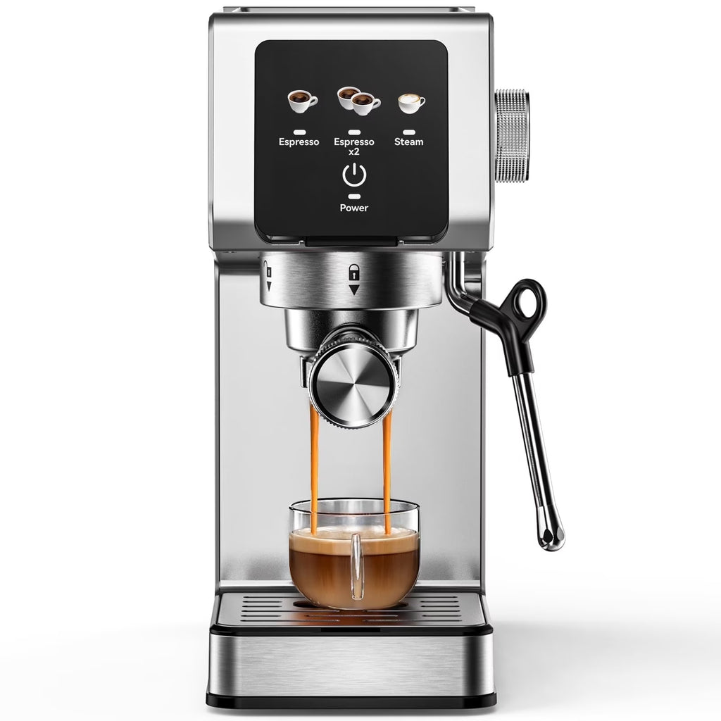 Espresso Machine 20 Bar, Rapid Cold Brew, Stainless Steel Coffee Machine with 40oz Removable Water Tank for Cappuccino, Latte, Silver