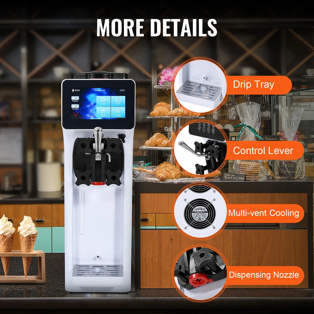 KFFKFF Commercial Ice Cream Machine Output of 10.6 QT/H, 1000W Single Taste Tabletop Soft Serve Ice Cream Device, 4L Reservoir 1.6L Cylinder, Digital Screen Automatic Cleaning Pre-chilling