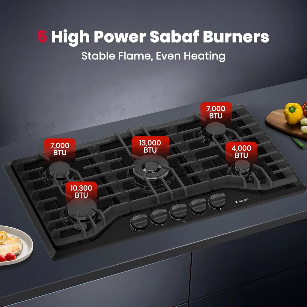 GASLAND 36 in. 5 Burners Black Enamel Gas Cooktop with Griddle, NG/LPG Convertible, PRO GH3365EF