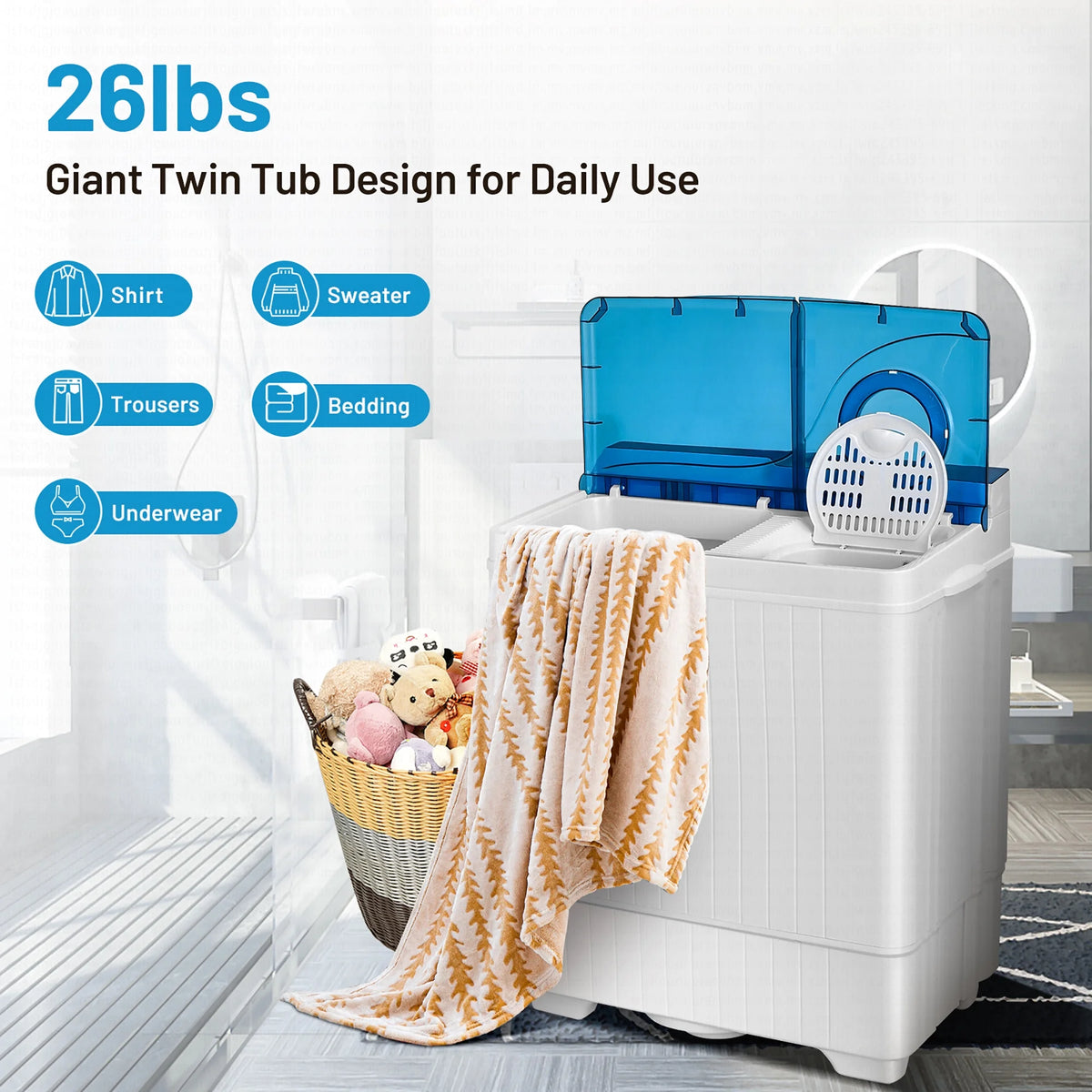 Costway 26lbs Portable Semi-automatic Washing Machine W/Built-in Drain Pump Grey
