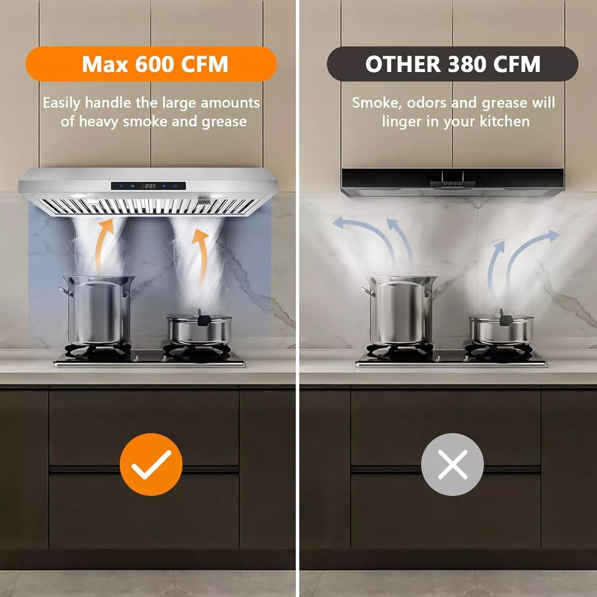 Under Cabinet Range Hood 30 inch Stainless Steel Kitchen Hood 600 CFM Stove Filter Touch Control LED Lights