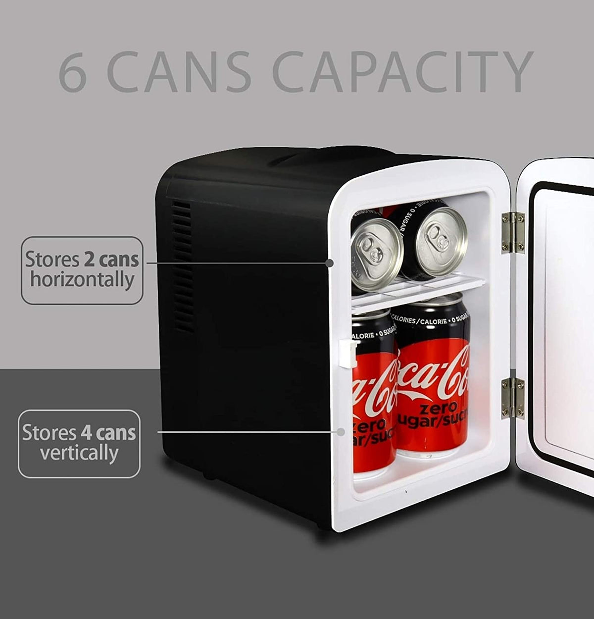 Coca-Cola Coke Zero 4L Portable Cooler/Warmer, Compact Personal Travel Fridge for Snacks Lunch Drinks Cosmetics, Includes 12V and AC Cords, Desk Accessory for Home Office Dorm Travel, Black