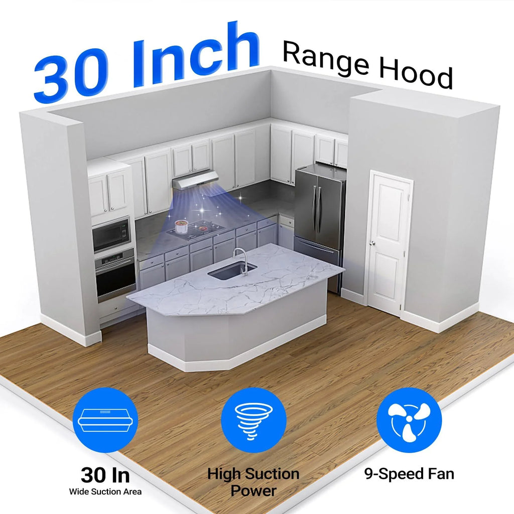 AMZCHEF Under Cabinet Range Hood 30 Inch, 750CFM Wall Mount Range Hood with 3 Speed Kitchen Exhaust Fan, Button Control, AC Motor