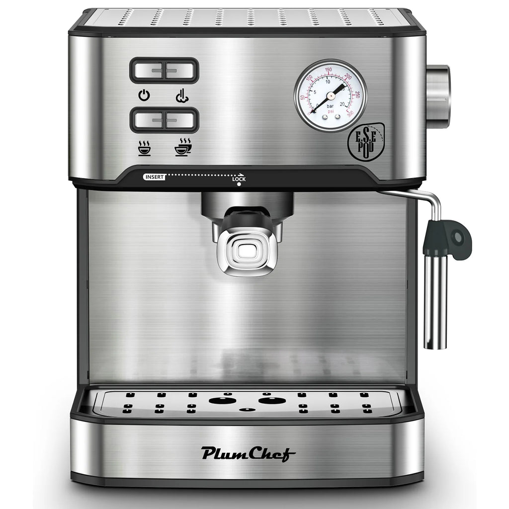 Plum Chef Espresso Machine, 20 Bar Coffee Maker with Foaming Milk Frother Wand, Espresso & Cappuccino Latte Maker Coffee Machine, 850W, 1.6L Removable Water Tank, Black&Silver