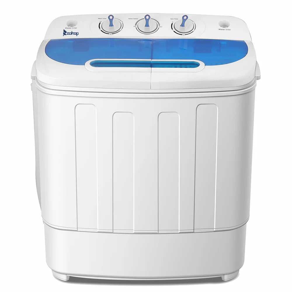 Semi-automatic Twin Tub Washing Machine with Built-in Drain Pump, 13Lbs Capacity, US Standard, White & Blue, Compact Design for Small Spaces