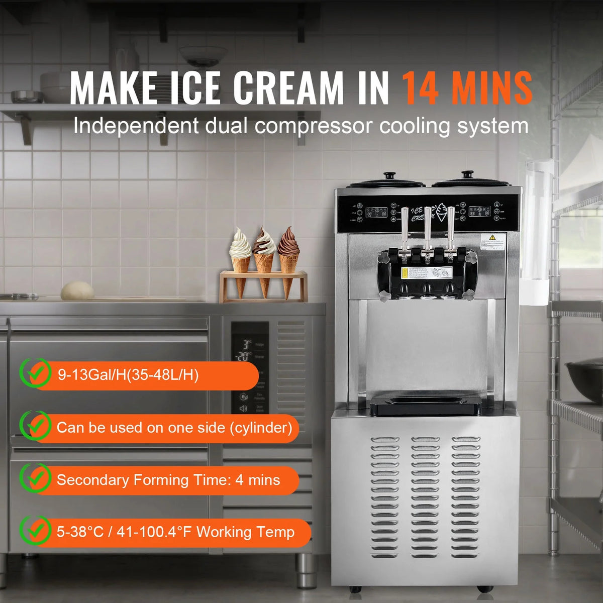 KFFKFF Soft Serve Ice Cream Machine for Commercial Use, 34-44 L/H Production, 3400W, Triple Flavor, Freestanding Design, Dual 9L Stainless Hoppers, LED Control for Single Cylinder