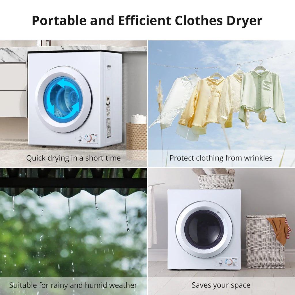 1500W Electric Portable Clothes Dryer, 8.82 lbs Capacity Front Load Compact Tumble Laundry Dryer with Stainless Steel Tub, Easy Control Button Panel Downside for Variety Drying Mode, White