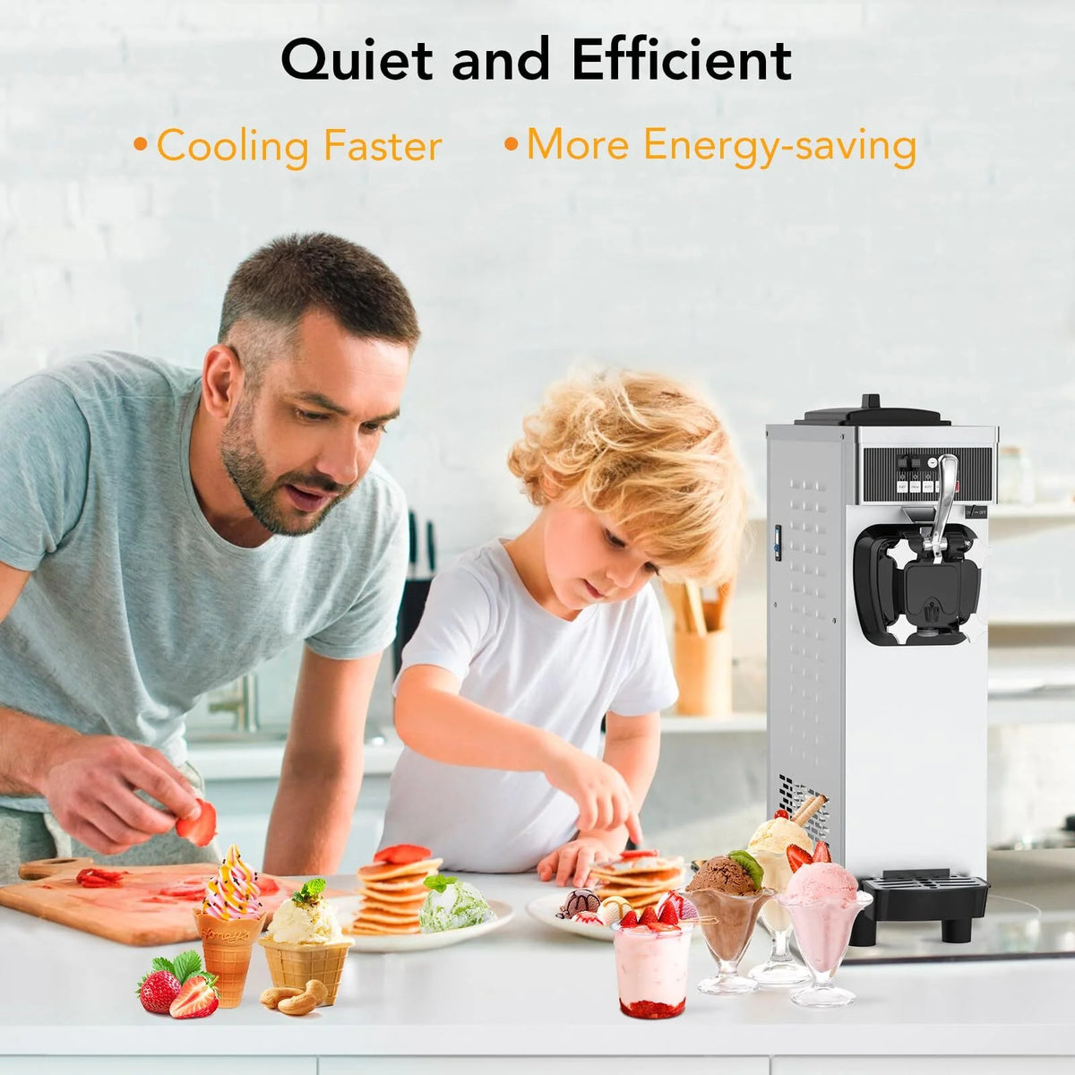 Entcook 3 Flavors Commercial Ice Cream Maker, 5.8-8 Gal/H Countertop Soft Serve Ice Cream Yogurt Machine with LCD Display
