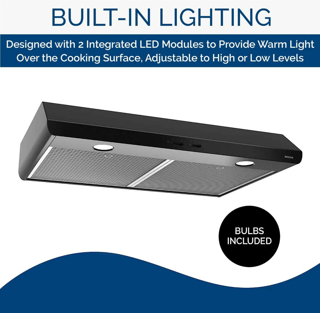 Broan-NuTone BKSH130BL Sahale 30-inch Under-Cabinet Easy Install 4-Way Convertible Range Hood with 2-Speed Exhaust Fan and Light, 300 Max Blower CFM, Black