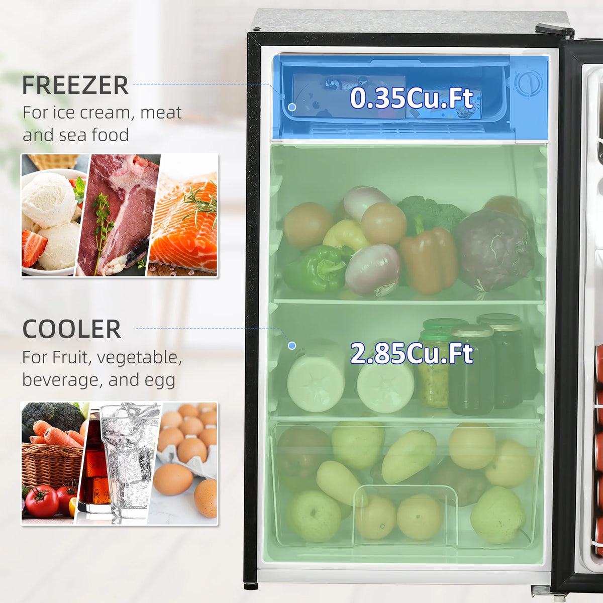 3.2 Cu.Ft Mini Fridge with Freezer, Single Door Compact Refrigerator with Adjustable Thermostat, Shelf and Reversible Door for Bedroom, Dorm, Home Office, Energy Efficient, Black