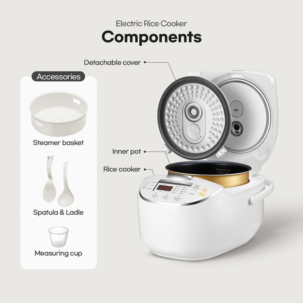 CUCHEN CRM-G0601WUS | Micom Rice Cooker 6 Cup (Uncooked) and Warmer | Direct Touch control | Nonstick Inner Pot | Delay Timer | White