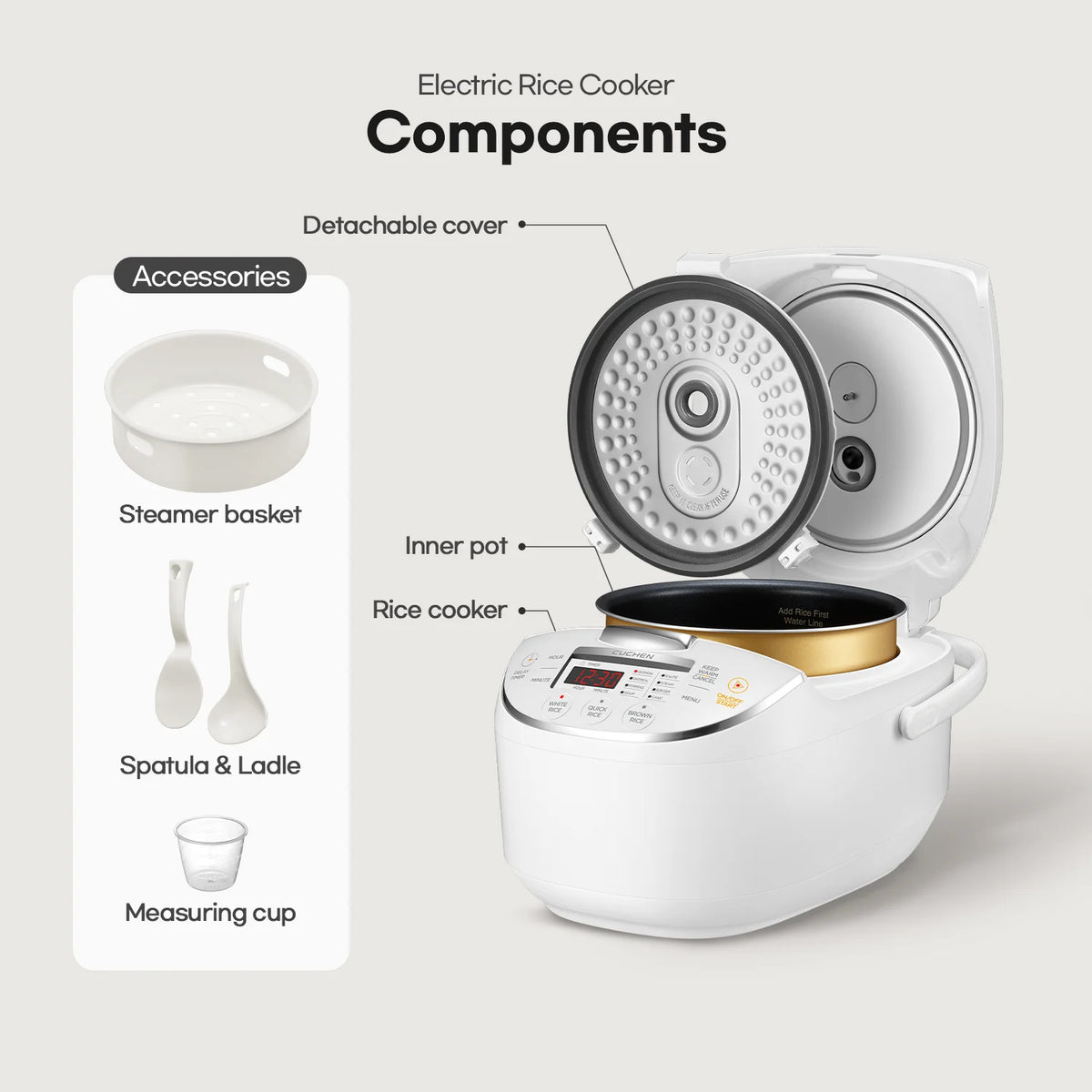 CUCHEN CRM-G0601WUS | Micom Rice Cooker 6 Cup (Uncooked) and Warmer | Direct Touch control | Nonstick Inner Pot | Delay Timer | White