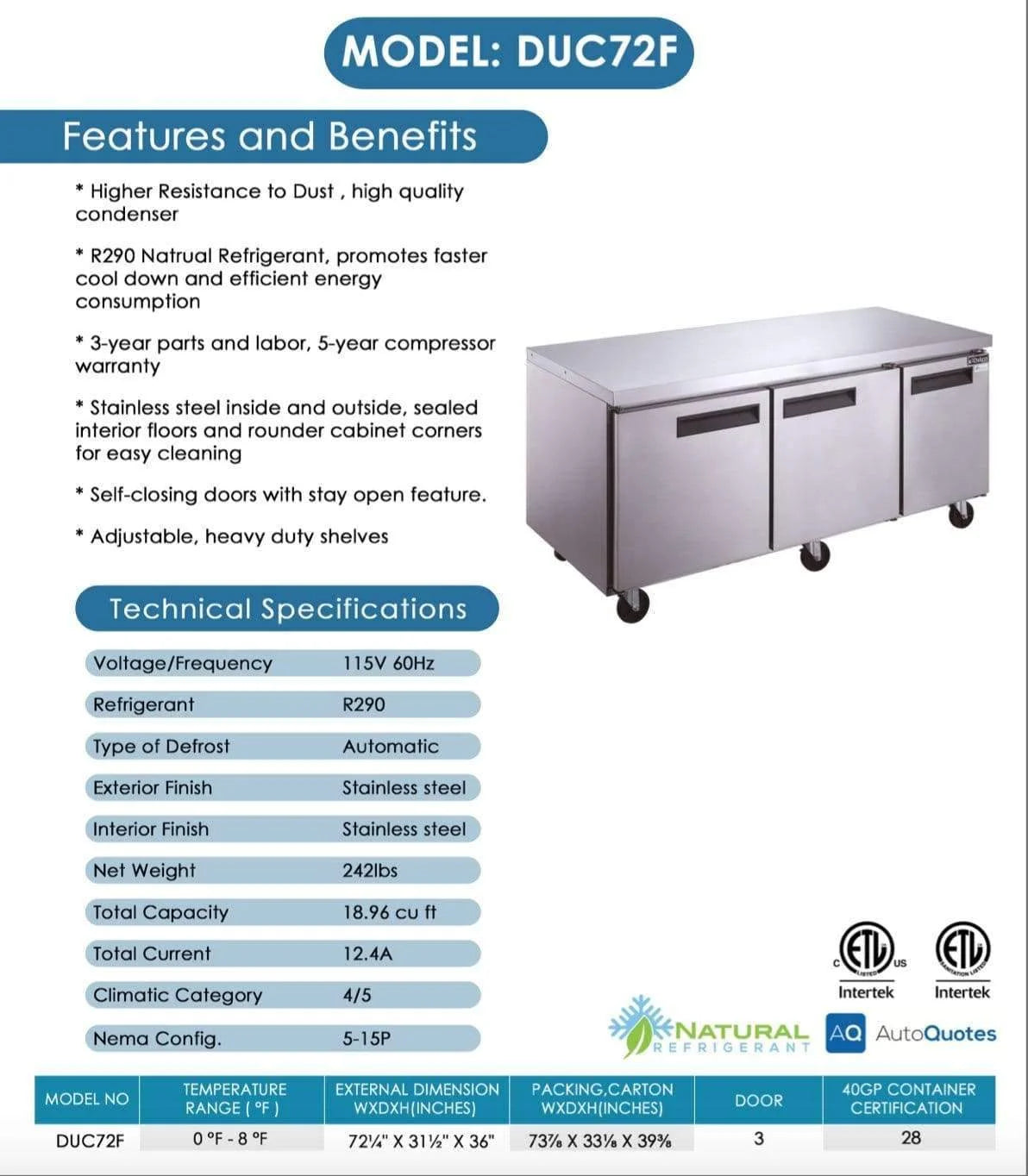 Dukers DUC72F 7225 in Undercounter Commercial Freezer, Stainless Steel