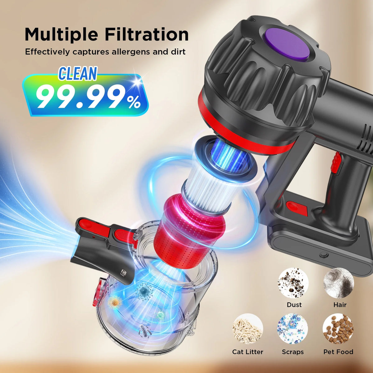 KANFUAQ Cordless Vacuum Cleaner, 38000PA/450W 50min 2500mah for Home Pet Hair Carpet Wood Floor