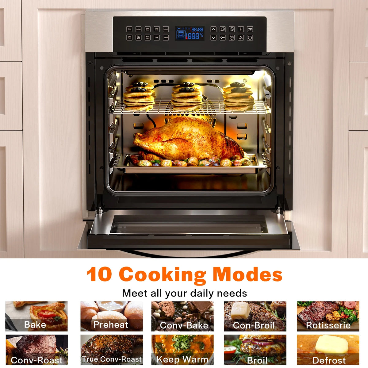 Empava 24 inch Electric Single Wall Oven 10 Cooking Functions with Convection - Touch Control in Stainless Steel
