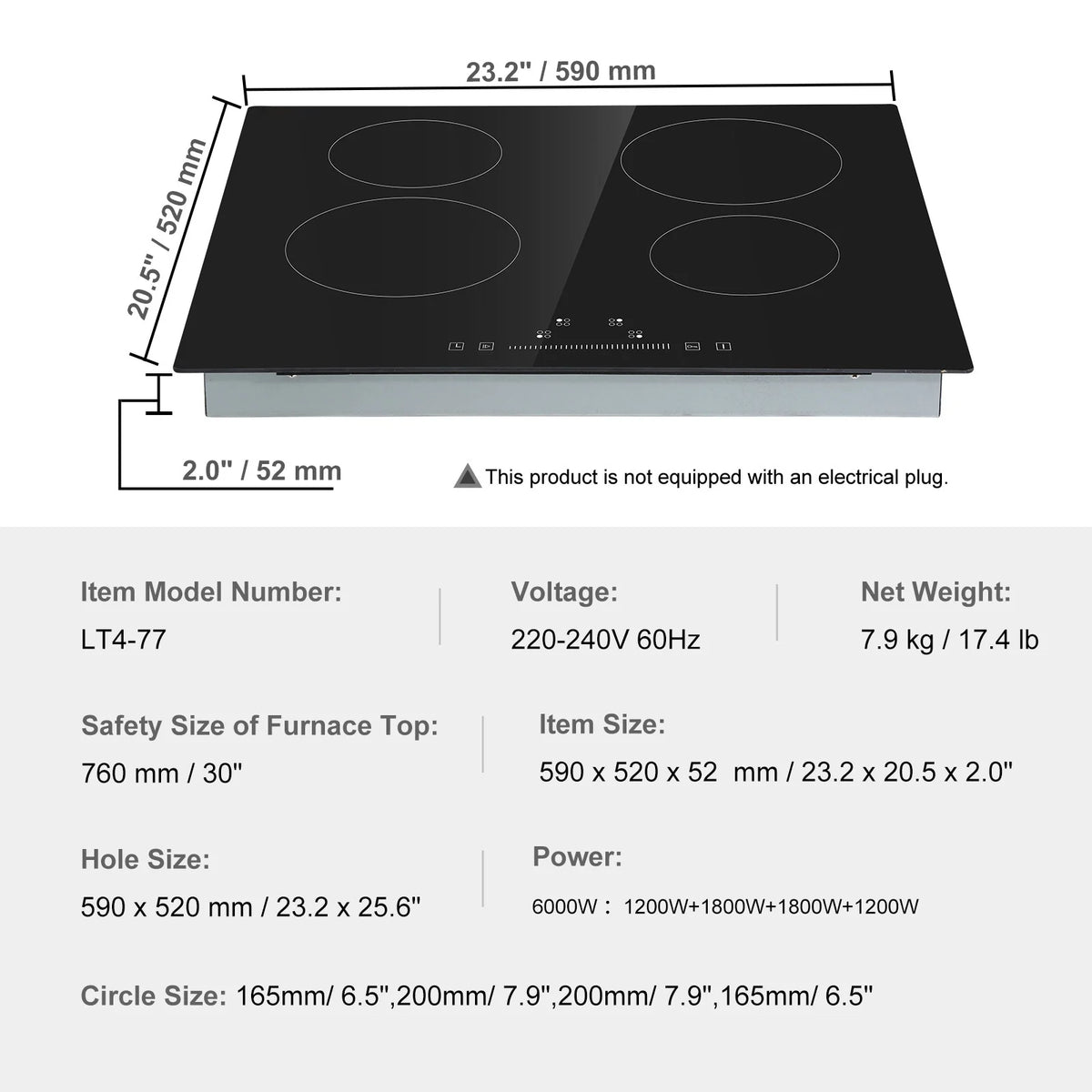 KFFKFF Electric Ceramic Cooktop, 23" 6000W 4 Burners Built-in Countertop Burners Cooker Touch Sensor Control, Overheat Protection, Child Lock, 220-240V (NO Plug)