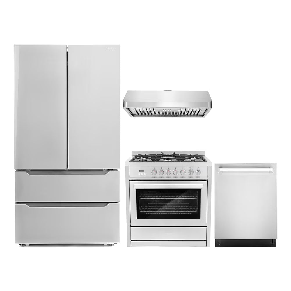 Cosmo 4 Piece Kitchen Appliance Packages with 36" Freestanding 220/240V Dual Fuel Range 36" Under Cabinet Mount Range Hood 24" Built-in Dishwasher & French Door Refrigerator Kitchen Appliance Bundles