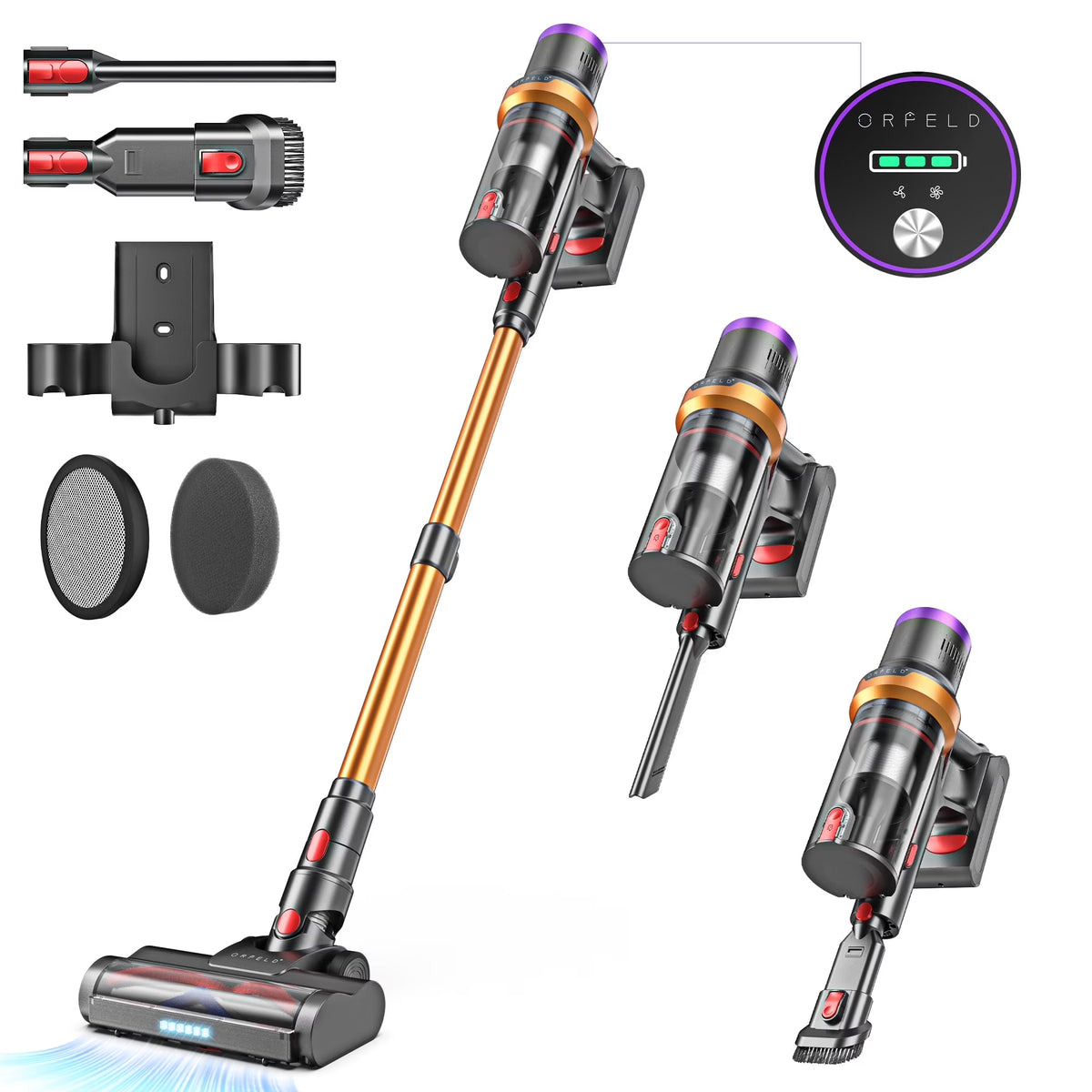 ORFELD Cordless Vacuum Cleaner with 2600mAh Detachable Battery, 45Kpa Powerful Stick Vacuum for Hard Floor Carpet Pet Gold, SV30