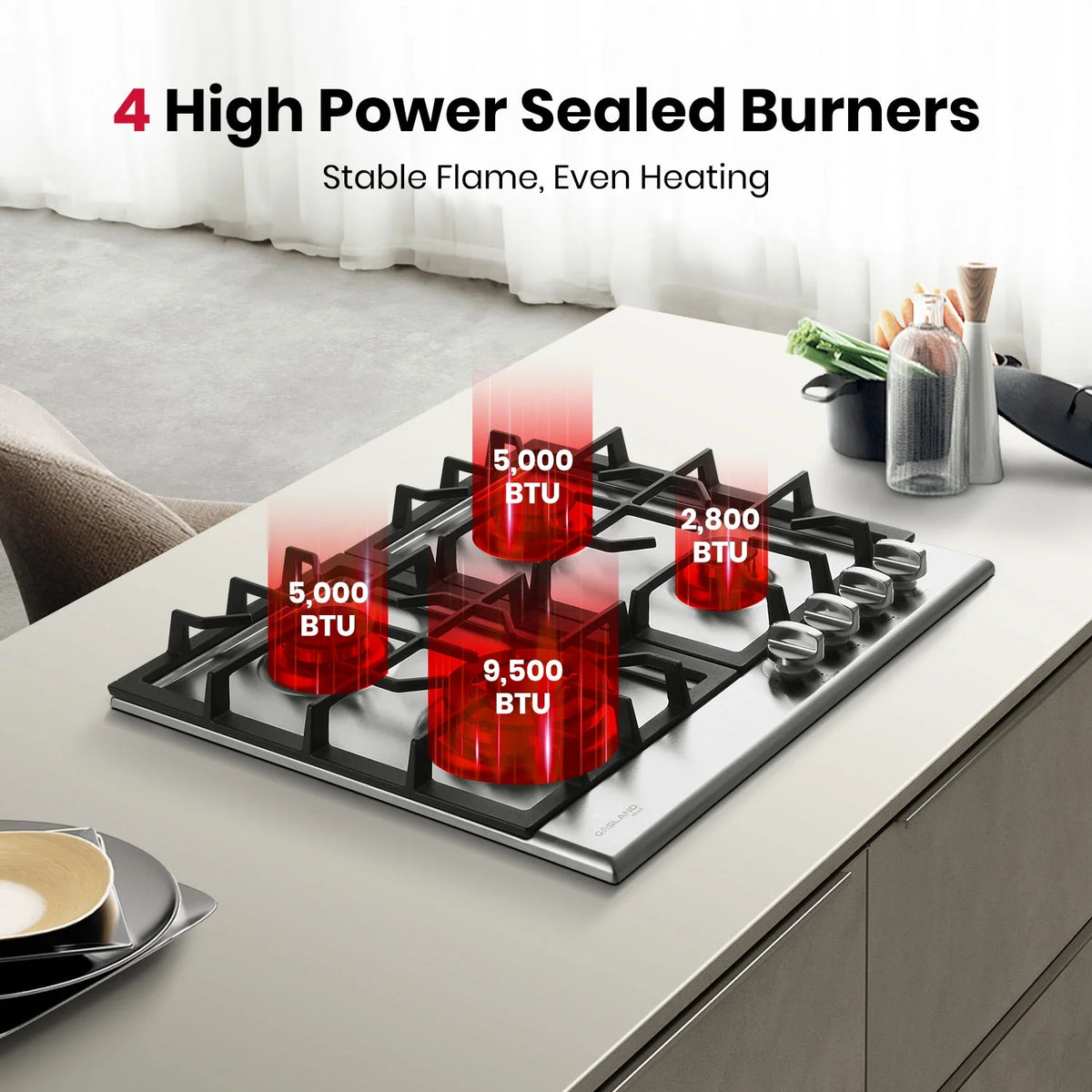 GASLAND GH60EF 24" Built-in Gas Stove Top, Black Ename Gas Cooktop with Griddle, 4 Sealed Burners, ETL