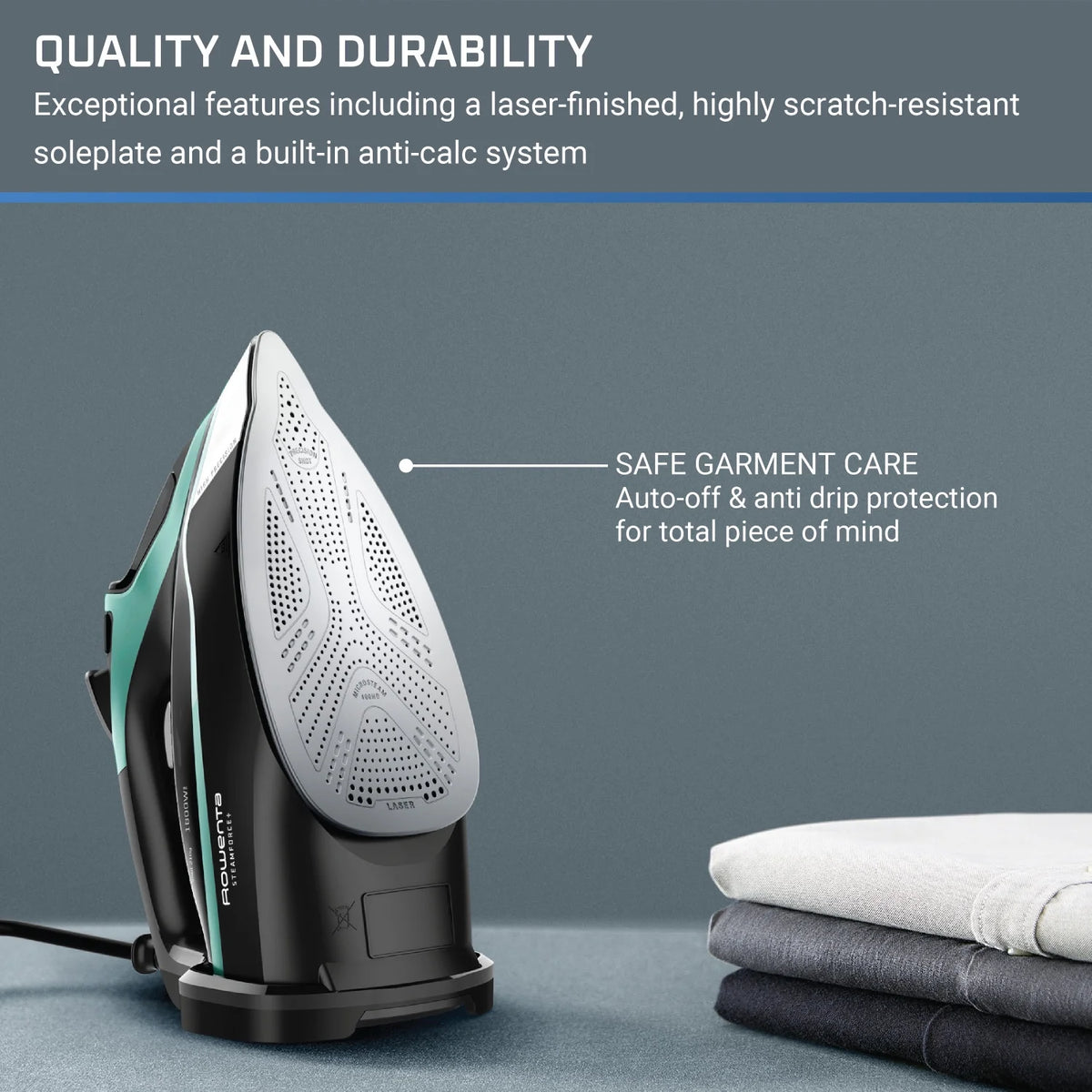 Rowenta Steam Force+ Iron for Clothes, Stainless Steel Soleplate, 1850 Watts, 400 Microsteam Holes, Garment Steamer, Black & Blue, DW9440U1