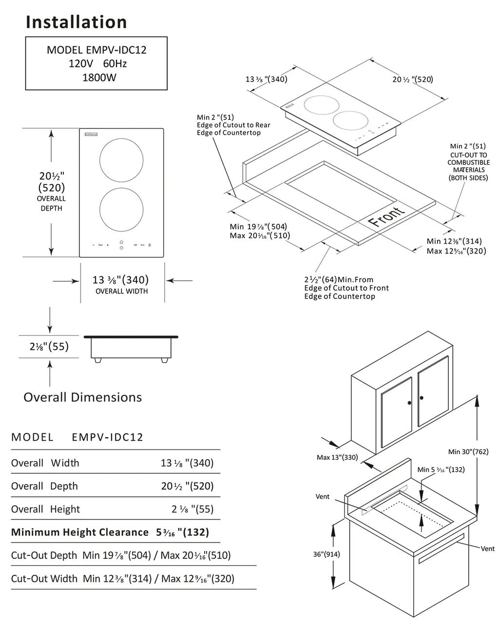 Empava Electric Stove Induction Cooktop Vertical with 2 Burners Vitro Ceramic Smooth Surface Glass