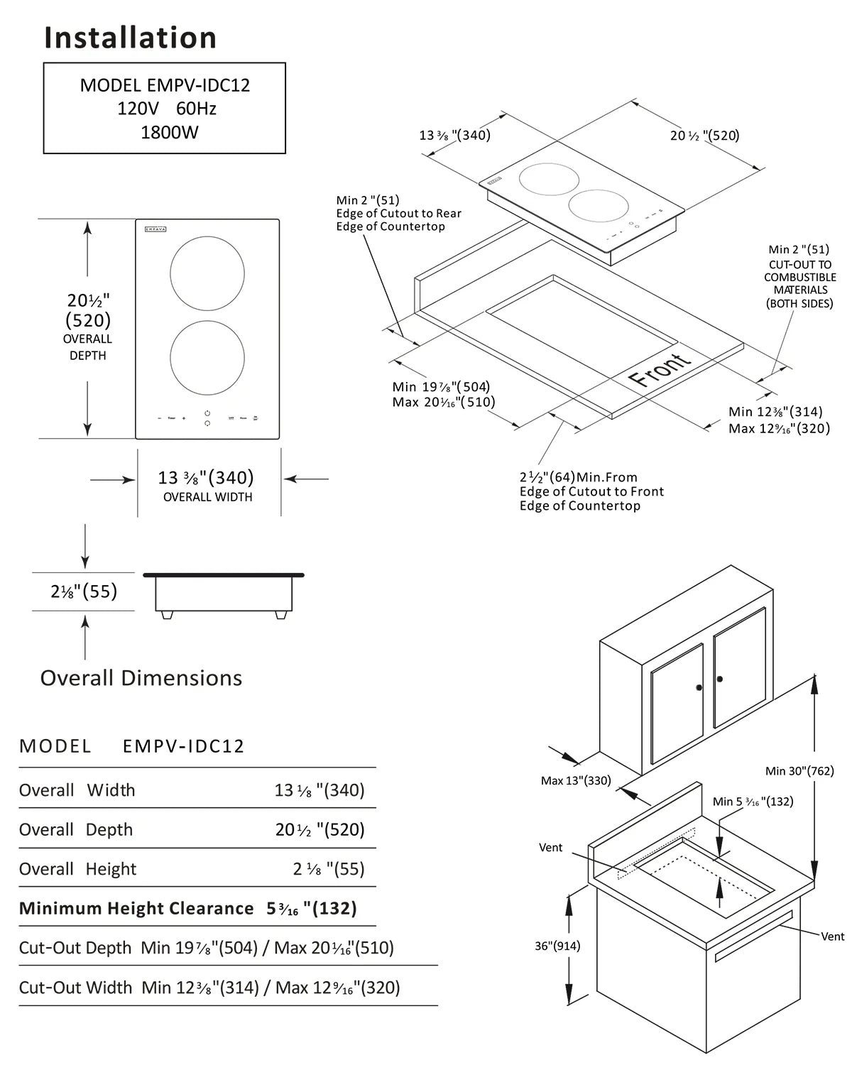 Empava Electric Stove Induction Cooktop Vertical with 2 Burners Vitro Ceramic Smooth Surface Glass