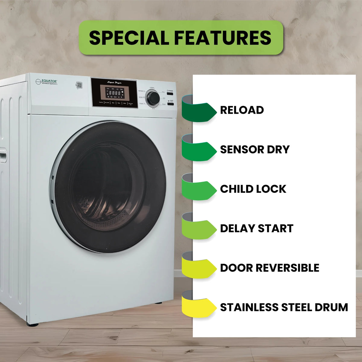 Equator Compact 24 in Vented Dryer 3.1cf/13lb SENSOR Sanitize Shoes 110V/1500W