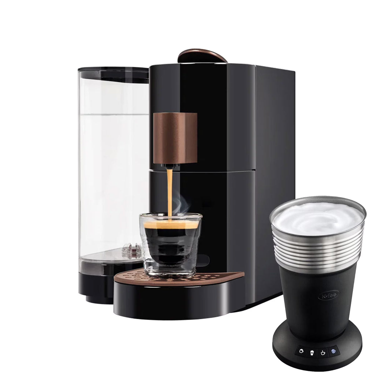 K-fee? Holiday Bundle: Twins II Single Serve Coffee and Espresso Machine PLUS Lattaero 4-in-1 Milk Frother | (Black/Copper)
