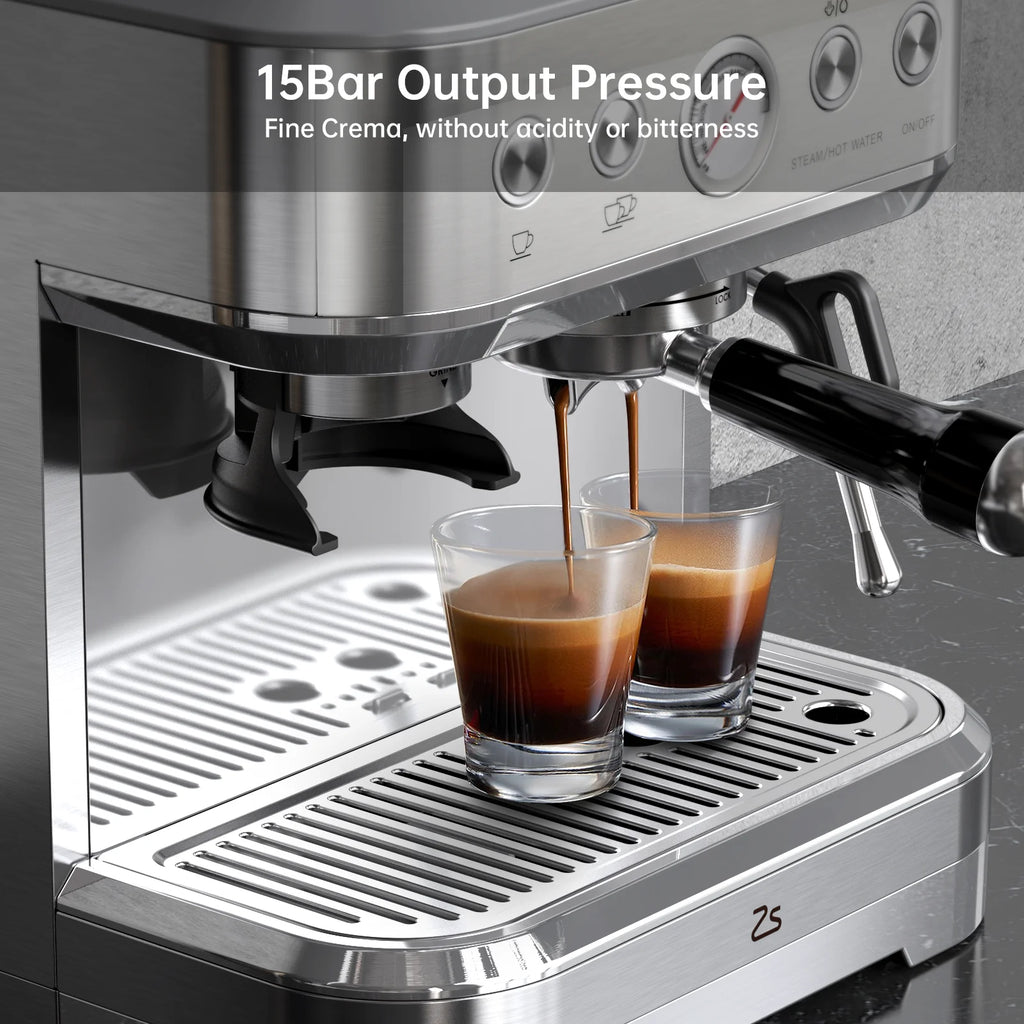 COZONY Espresso Machine 15 Bar, 2.5 L Water Tank, Semi Automatic Coffee Maker with Grinder, Milk Frother/Steam Wand, Italian Pump, All-in-One Espresso Machine, Stainless Steel, Silver