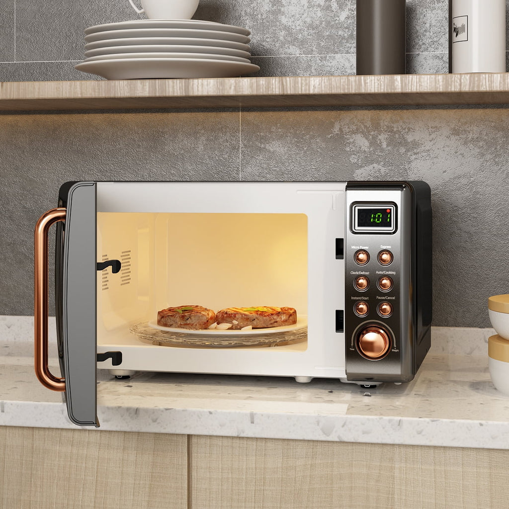 Costway 0.7Cu.ft Retro Countertop Microwave Oven 700W LED Display Glass Turntable Rose Gold