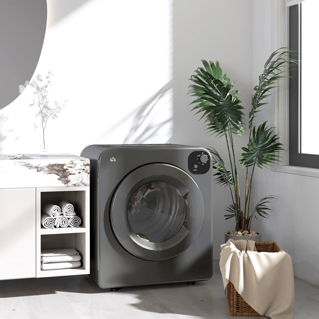 HOMCOM Compact Laundry Dryer Machine, 1300W, 3.22 Cu. Ft. Electric Automatic Portable Clothes Dryer with 7 Drying Modes and Stainless Steel Tub for Apartment or Dorm, White